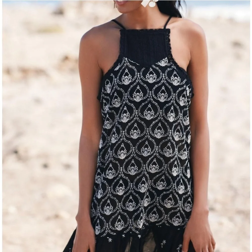 Anthropologie black embroidered sheer sexy mini dress S